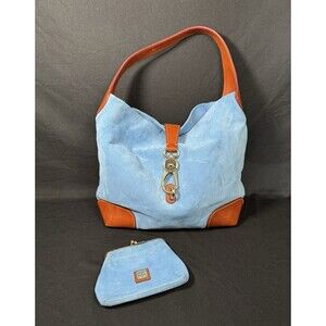 Dooney & Bourke Sky Blue Suede Hobo Bag Logo Lock Key Fob Coin Purse